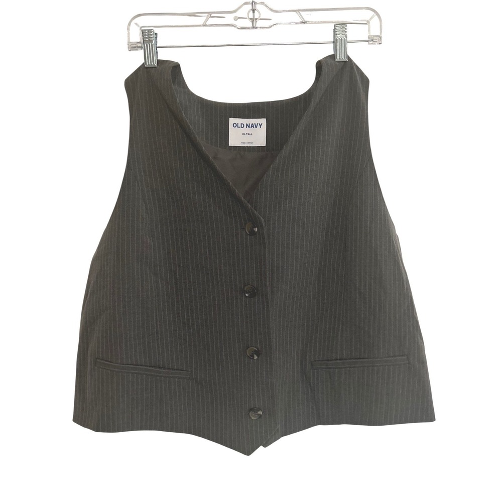 Old Navy Womens XL Tall Pinstripe Vest Charcoal Gray Button Up Waistcoat Lined